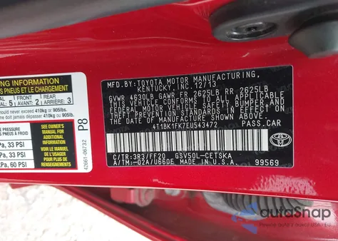 2014 Toyota Camry Se V6 from USA, damaged, VIN 4T1BK1FK7EU543472